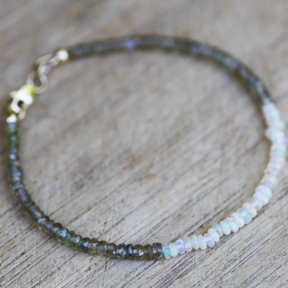 Natural Opal | Green Champagne Sapphire Bracelet Handmade Solid 14K Yellow Gold - Picture 5 of 5